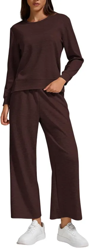 ZFLM Women Casual Two Piece Sweatshirt Outfit Lounge Set Long Sleeve Side Slit Tops Wide Leg Jogger Pants Streetwear