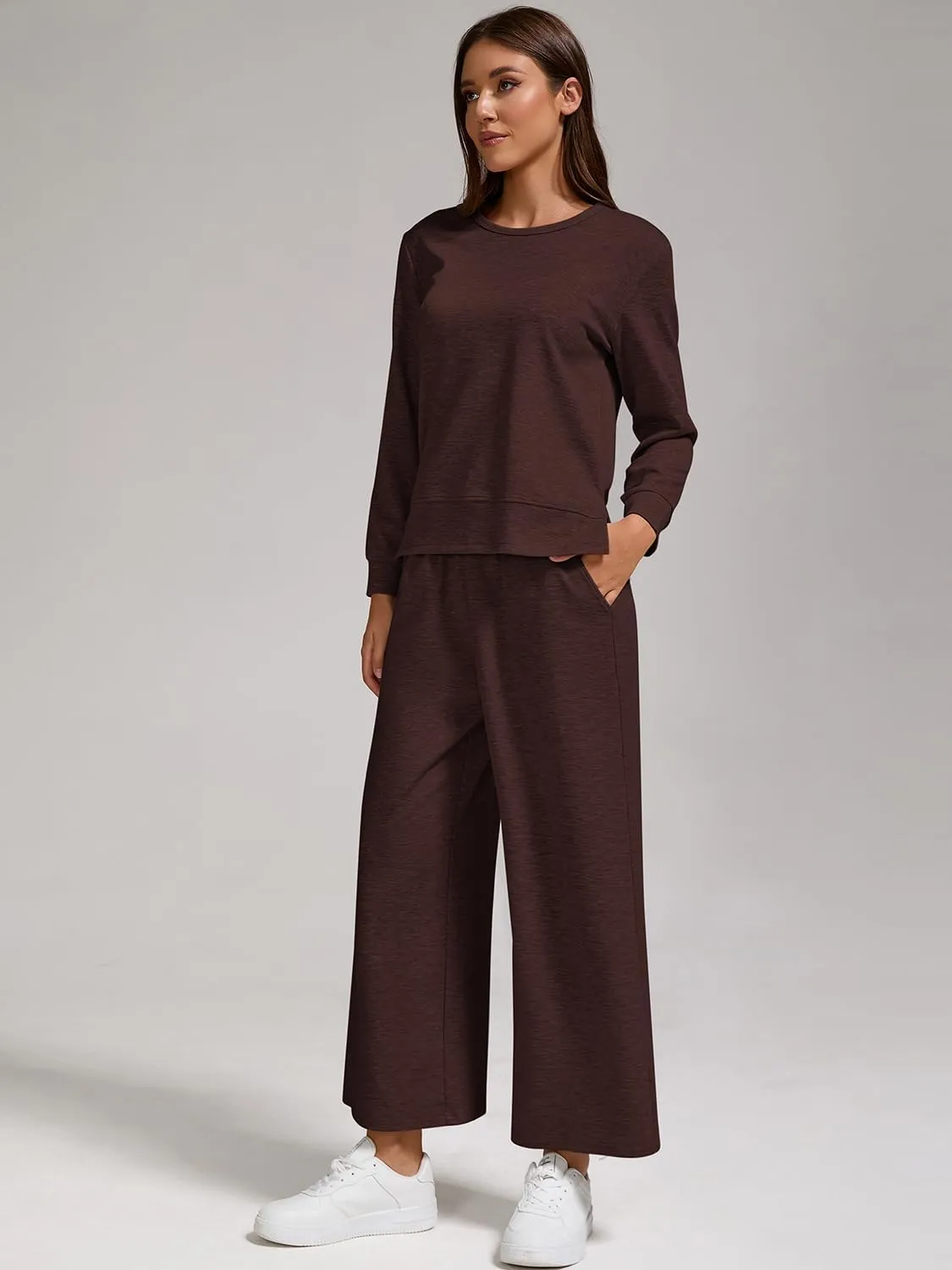 ZFLM Women Casual Two Piece Sweatshirt Outfit Lounge Set Long Sleeve Side Slit Tops Wide Leg Jogger Pants Streetwear